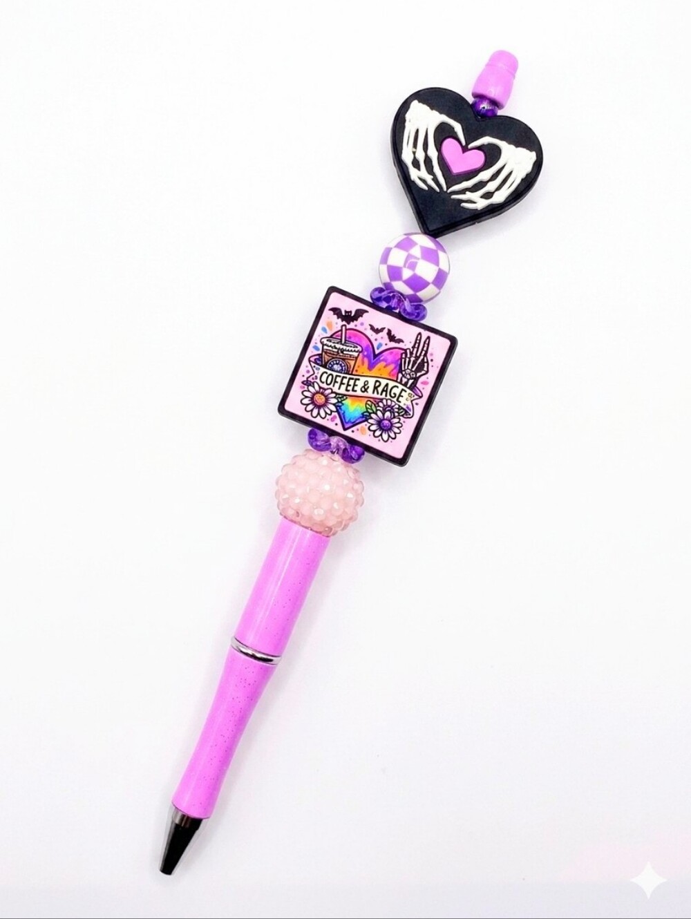 Handcrafted Coffee and Rage Pink Punk Skeleton Heart Beaded Checker Charm Pen